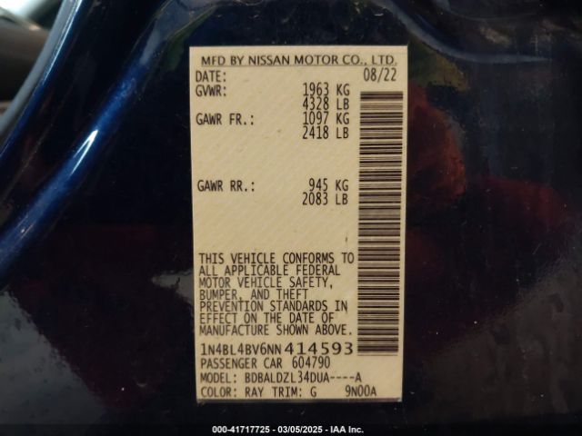 1N4BL4BV6NN414593 Nissan Altima S Fwd