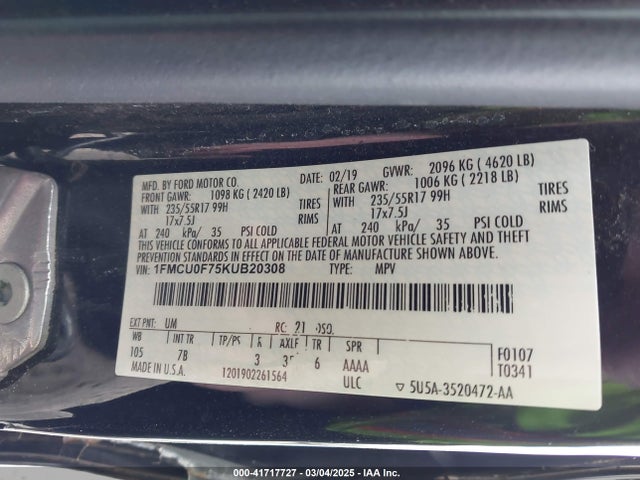 1FMCU0F75KUB20308 Ford ESCAPE S