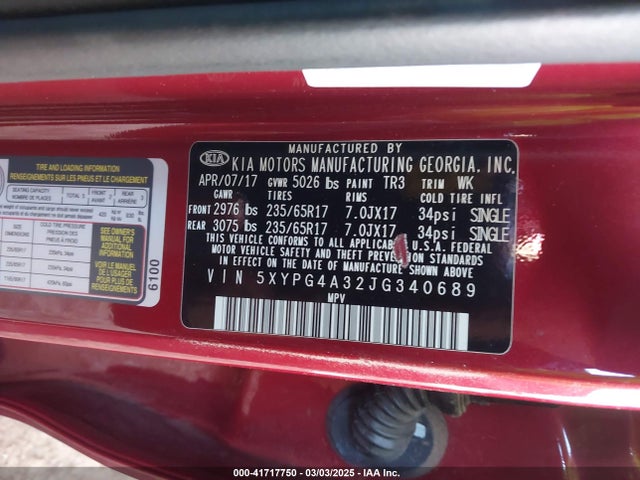 5XYPG4A32JG340689 KIA Sorento 2.4l Lx