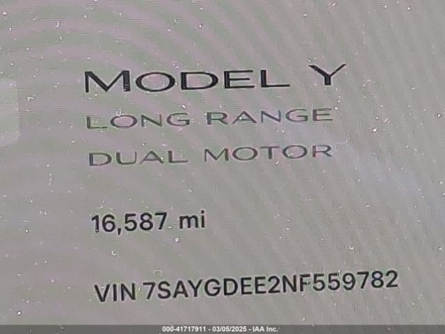 7SAYGDEE2NF559782 Tesla Model Y Long Range Dual Motor All-wheel Drive