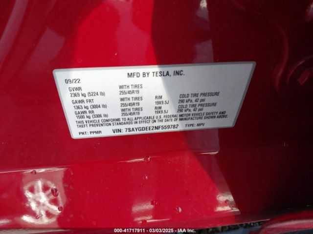 7SAYGDEE2NF559782 Tesla Model Y Long Range Dual Motor All-wheel Drive