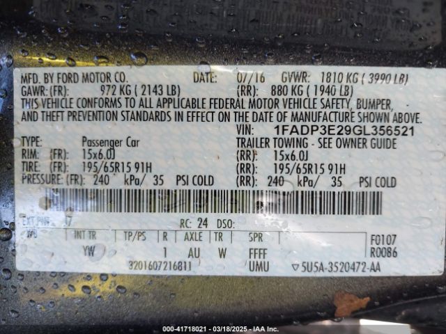 1FADP3E29GL356521 Ford FOCUS S