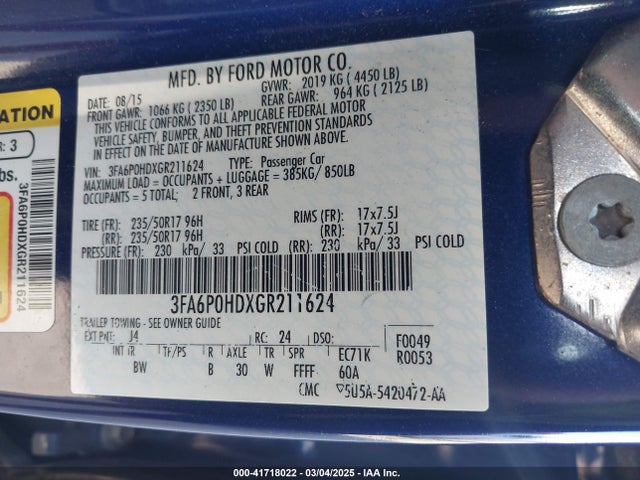 Ford FUSION SE 2016 3FA6P0HDXGR211624 Image 9