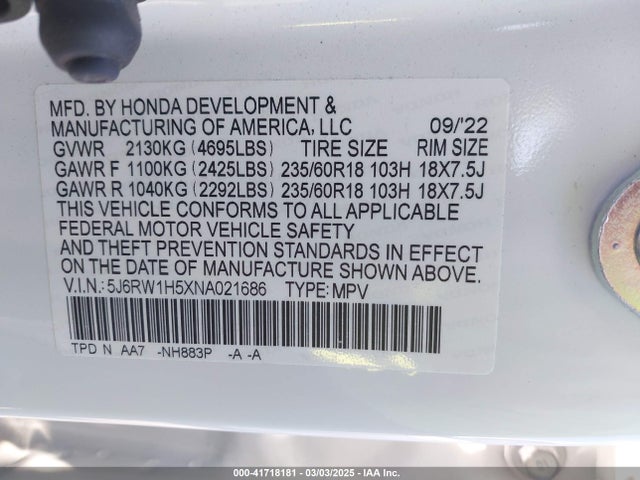 5J6RW1H5XNA021686 Honda Cr-v 2wd Ex