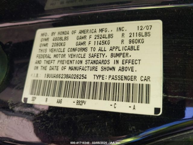 2008 ACURA TL 19UUA66238A026254 Photo 8