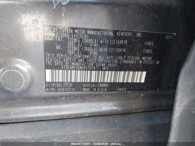 4T3E6RFV5MU057078 Toyota Rav4 Hybrid Xse