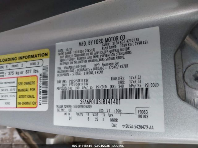 3FA6P0LU3JR141401 Ford Fusion Hybrid Se
