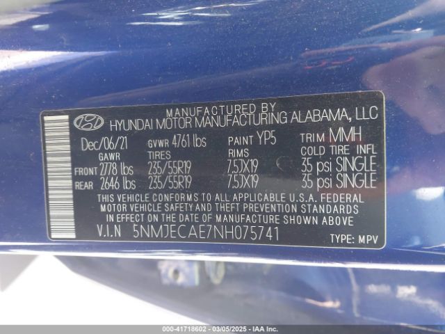 2022 HYUNDAI TUCSON 5NMJECAE7NH075741 Photo 8