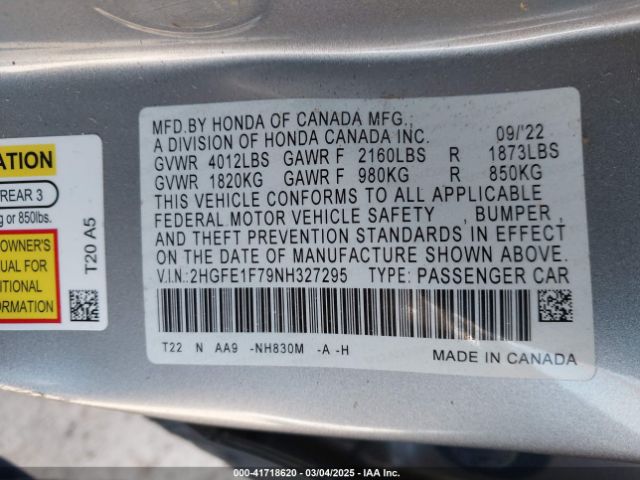 2HGFE1F79NH327295 Honda CIVIC EX