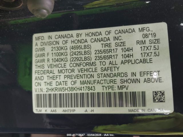 2HKRW5H38KH417843 Honda CR-V LX
