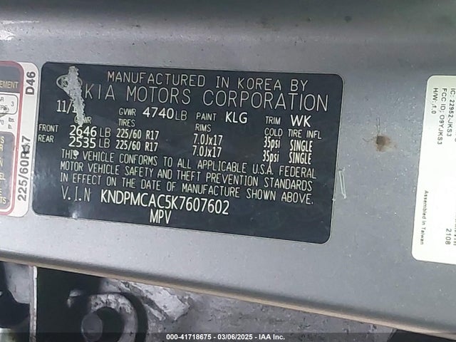 KNDPMCAC5K7607602 KIA Sportage Lx