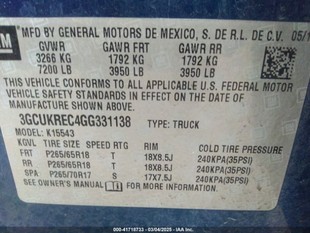 3GCUKREC4GG331138 Chevrolet l83 - sidi, vvt, afm, e85 max, aluminum