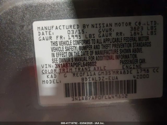 3N1AB7AP0FL649802 Nissan Sentra Fe+ S/s/sl/sr/sv