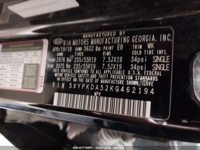 5XYPKDA52KG462194 KIA Sorento 3.3l Sxl
