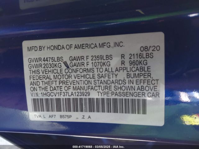 1HGCV1F37LA123929 Honda Accord Sport