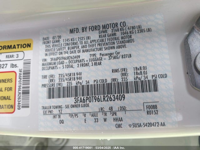 Ford FUSION SE 2020 3FA6P0T96LR263409 Image 9