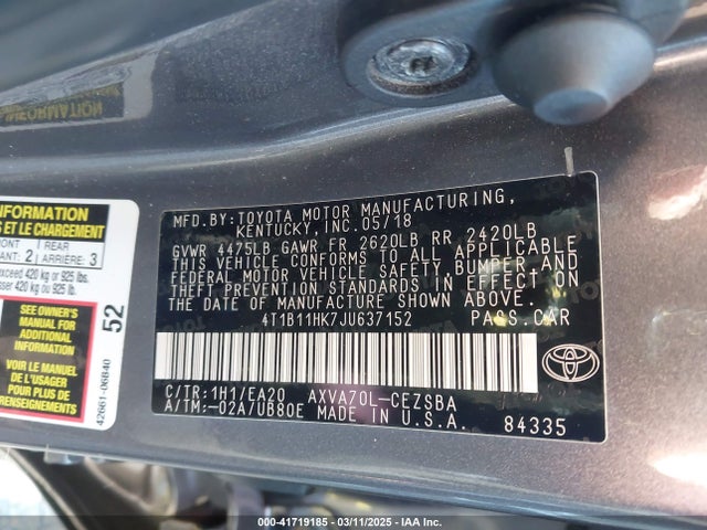 4T1B11HK7JU637152 Toyota CAMRY SE