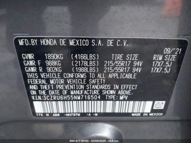 3CZRU6H55NM716504 Honda Hr-v Awd Ex