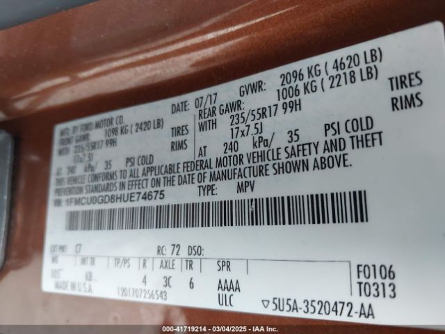 1FMCU0GD8HUE74675 Ford ESCAPE SE