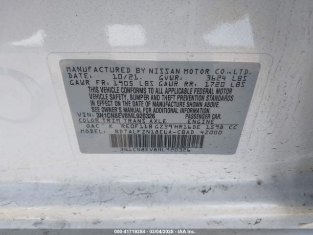 3N1CN8EV8ML920326 Nissan Versa Sv Xtronic Cvt