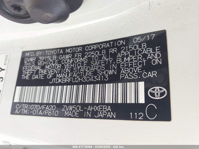 JTDKBRFU2H3043413 Toyota Prius Two
