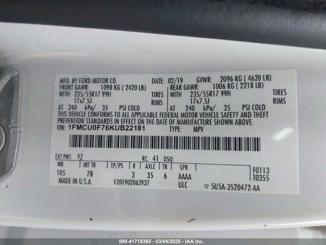 1FMCU0F76KUB22181 Ford ESCAPE S