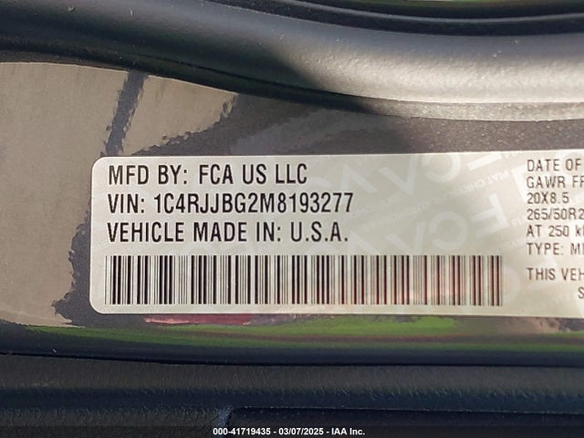 1C4RJJBG2M8193277 Jeep Grand Cherokee L Limited 4x2