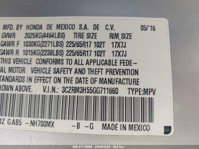 3CZRM3H55GG711660 Honda CR-V EX