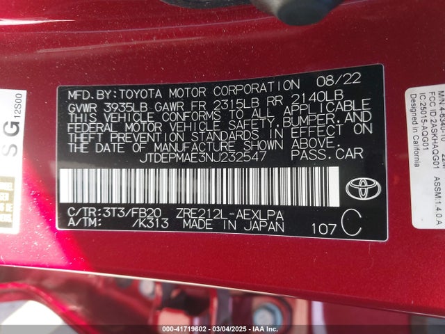 JTDEPMAE3NJ232547 Toyota COROLLA LE