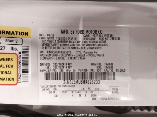 3LN6L5MU8HR625233 Lincoln Mkz Hybrid Reserve