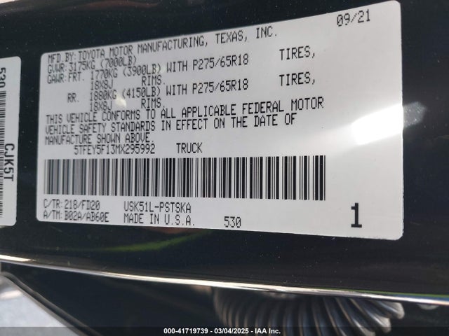 Toyota Tundra Sr5 2021 5TFEY5F13MX295992 Image 9