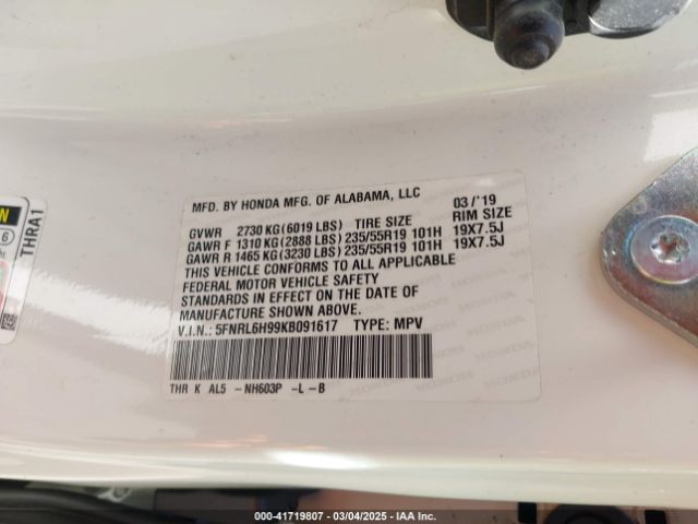 5FNRL6H99KB091617 Honda Odyssey Elite