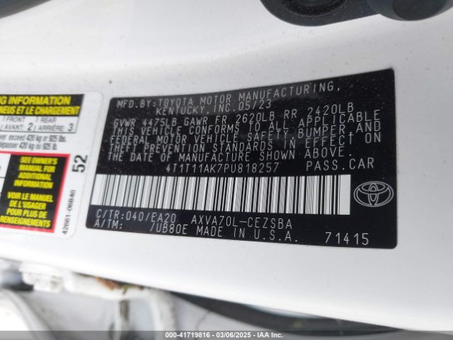 4T1T11AK7PU818257 Toyota CAMRY SE