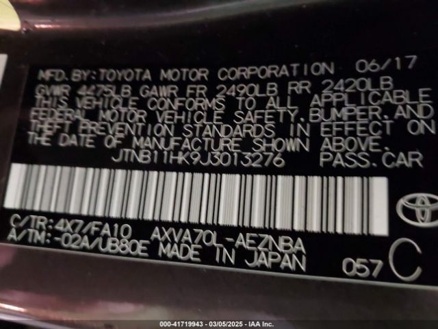 JTNB11HK9J3013276 Toyota CAMRY LE