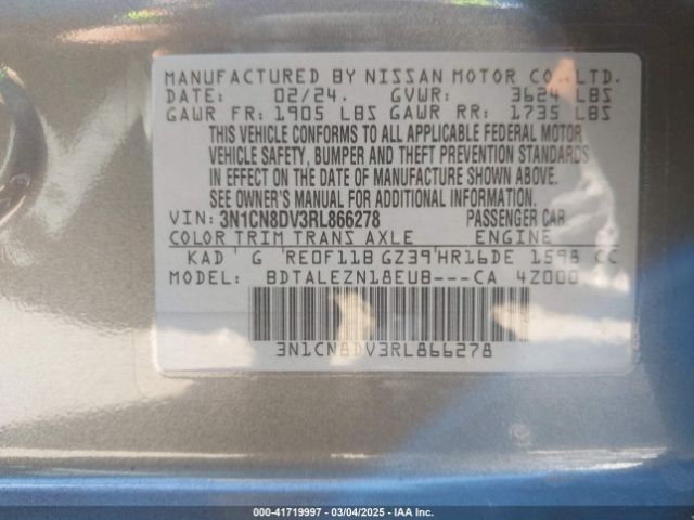 3N1CN8DV3RL866278 Nissan Versa 1.6 S
