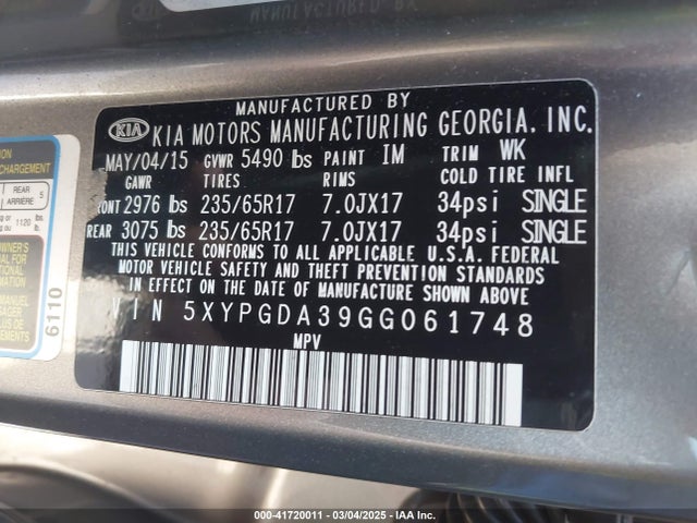 5XYPGDA39GG061748 KIA Sorento 2.4l Lx