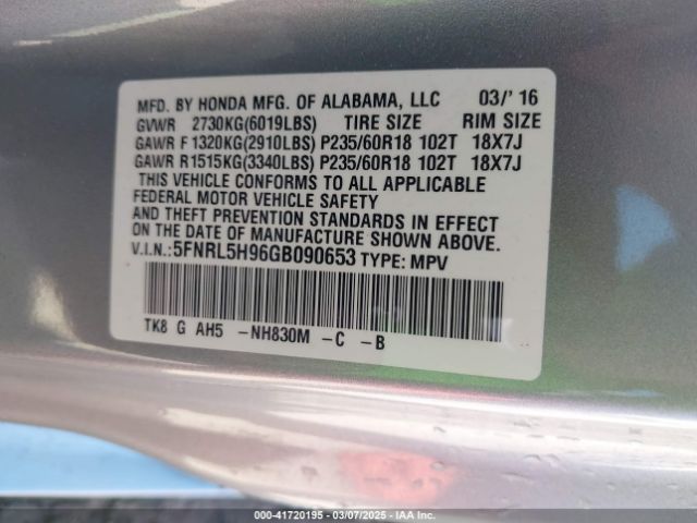 5FNRL5H96GB090653 Honda Odyssey Touring/touring Elite
