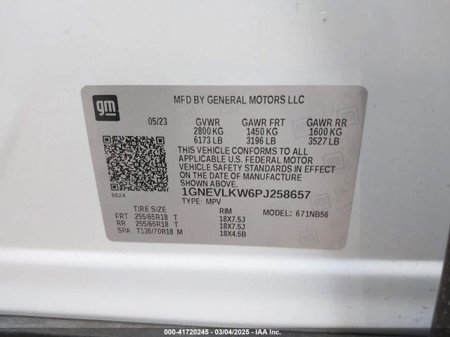 1GNEVLKW6PJ258657 Chevrolet Traverse Awd 1fl