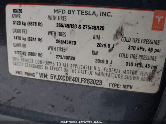 5YJXCDE40LF263023 Tesla Model X Performance Dual Motor All-wheel Drive