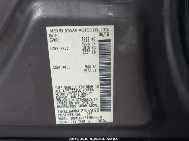 1N4AL3AP8GC255955 Nissan Altima 2.5 Sv