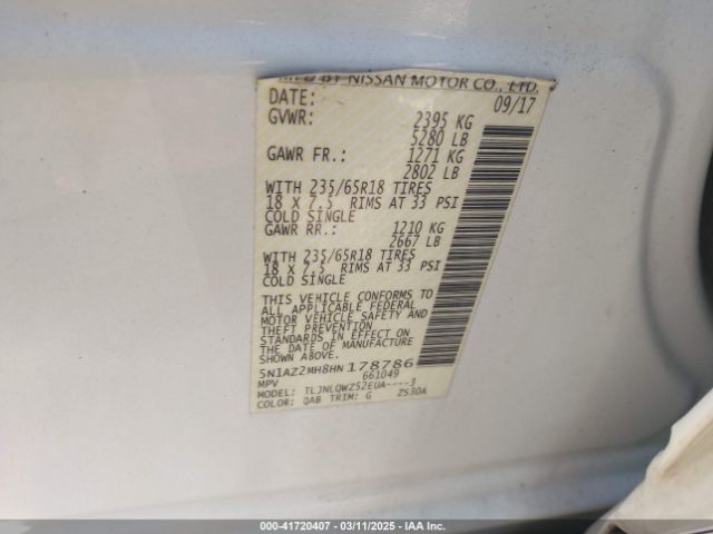 5N1AZ2MH8HN178786 Nissan MURANO SV