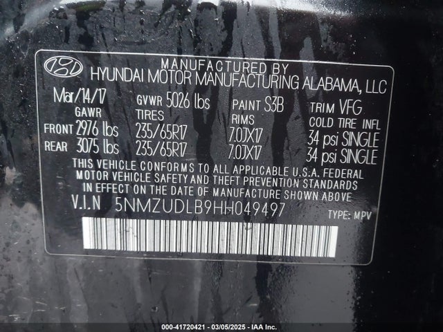 5NMZUDLB9HH049497 Hyundai Santa Fe Sport 2.4l