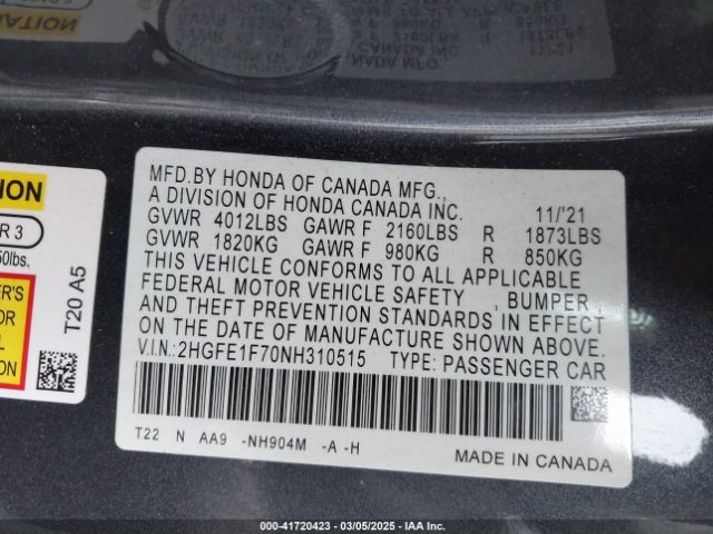 2HGFE1F70NH310515 Honda CIVIC EX