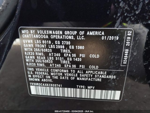 1V2UR2CAXKC533741 Volkswagen Atlas 3.6l V6 Se W/technology