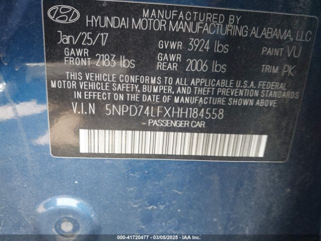 5NPD74LFXHH184558 Hyundai ELANTRA SE