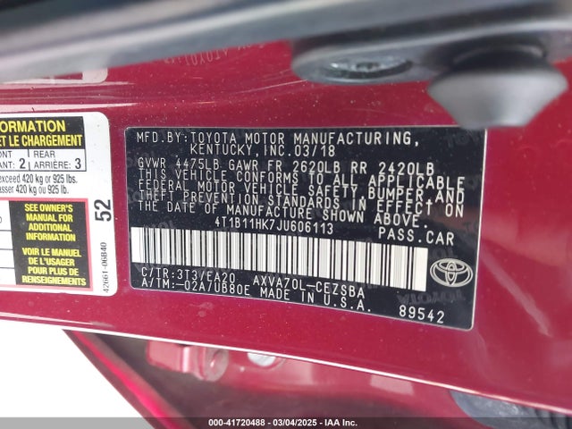 4T1B11HK7JU606113 Toyota CAMRY SE