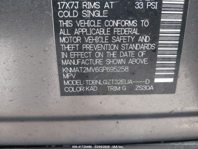 KNMAT2MV6GP695258 Nissan Rogue S/sl/sv