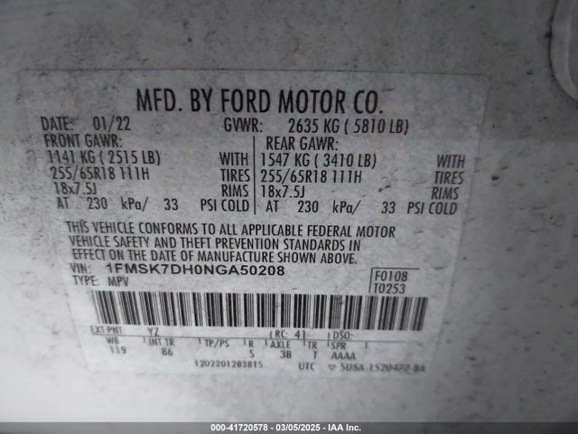 Ford ecoboost 2022 1FMSK7DH0NGA50208 Image 9
