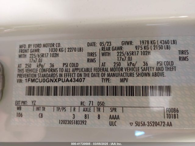 1FMCU0GNXPUA43407 Ford Escape Active