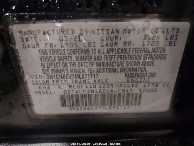 3N1CN8EV7ML871717 Nissan Versa Sv Xtronic Cvt